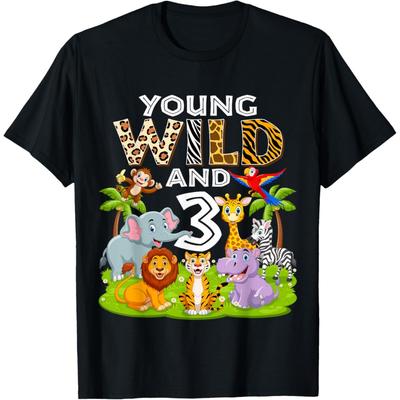 Young Wild and 3 Zoo 3rd Birthday Animals Jungle Safari Kids T-Shirt