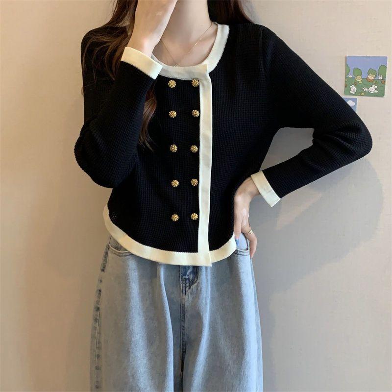 

Женский однобортный вязаный кардиган-жакет, базовый слой, облегающий, стройнящий, с длинным рукавом, короткий топ XL чёрный