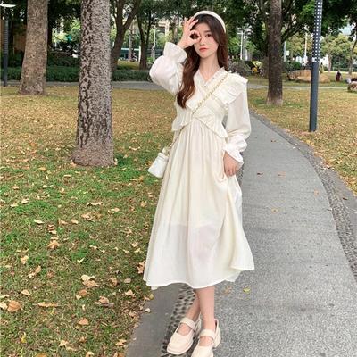 New Summer Dressed Girl Design Sense Overlapping V-Neck Gentle Wind Short Sleeve Long Dress  Mori Girl Style Dress