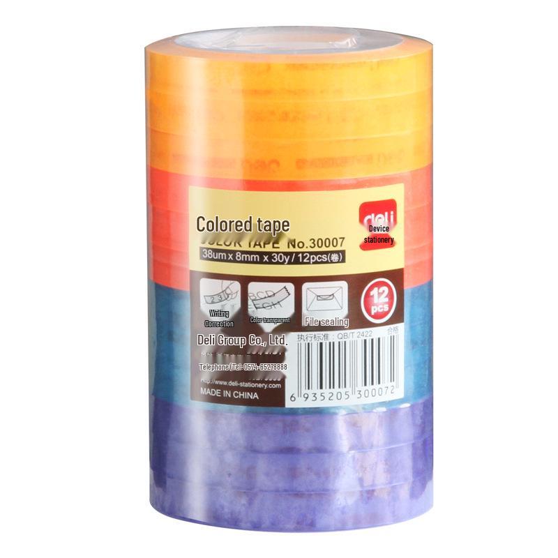 

Deli 30007 Colored Stationery Tape, 8mm x 30y x 38um, Mixed Colors, 12 Rolls