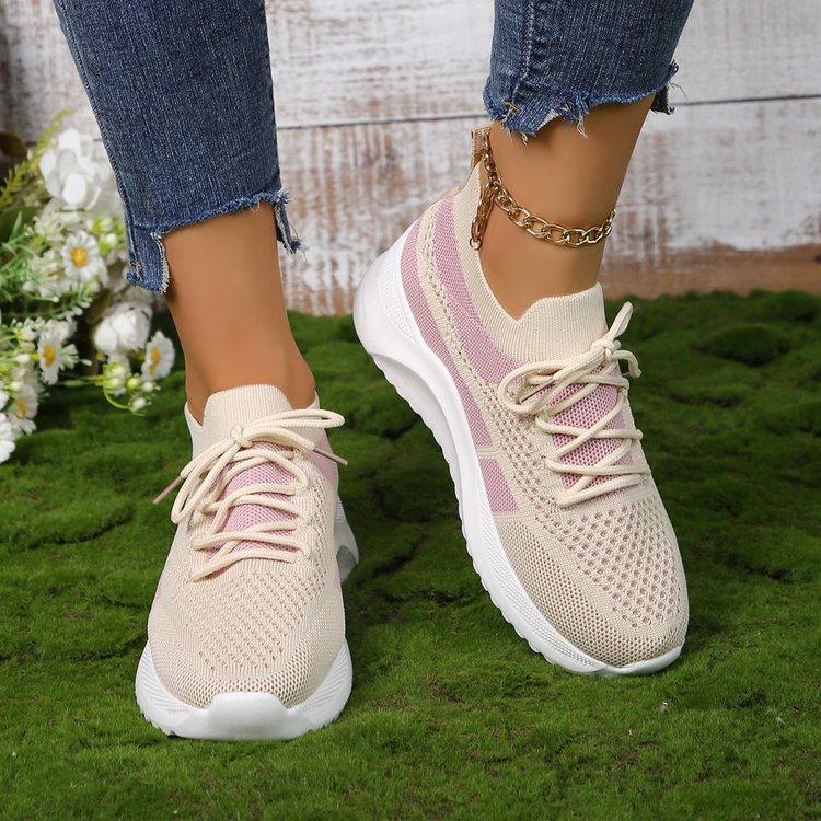Flying Woven Mesh Casual Shoes Women's Spring and Autumn Thick-soled Color Matching Round Head Lace-up Sports Shoes Women