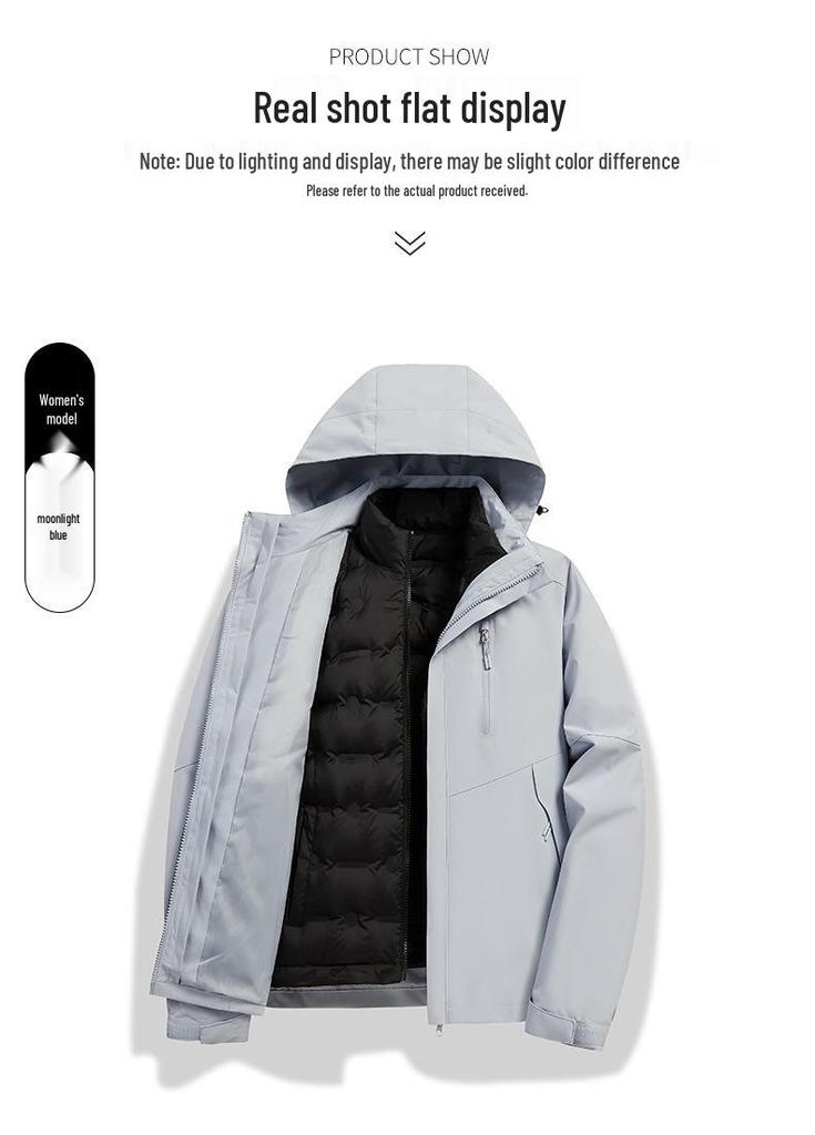 Unisex Color Block 3-in-1 Hooded Windproof Jacket with Detachable Down Liner