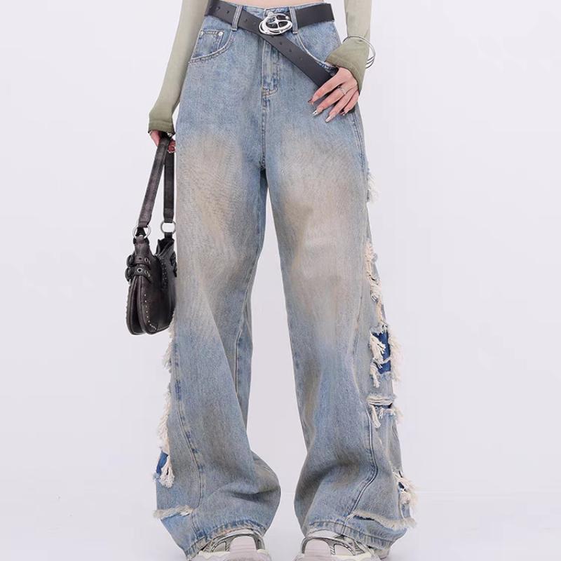 GMXIA Weitbeinige Jeans Damen Locker Hochtailliert Fallend Hundert Schleppende Hosen Taschen High Street Trend Gerade Hosen