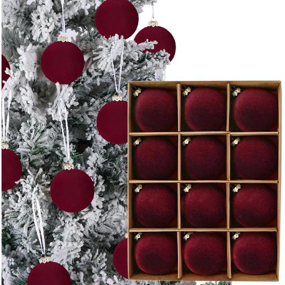 12pcs Christmas Tree Hanging Ball Decoration 2.4Inch Velvet Christmas Ornaments Balls Flocked Shatterproof Plastic Xmas Tree Ball for Party Holiday