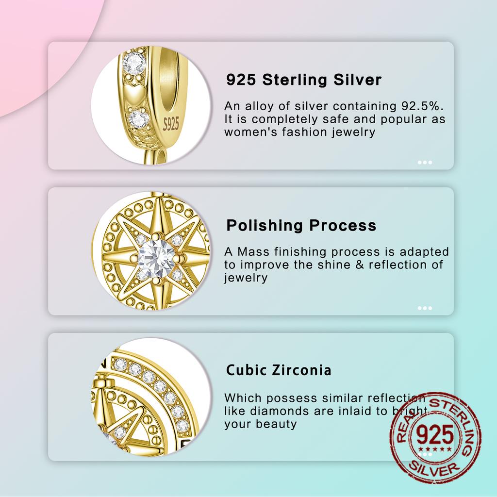 copper Gold Plated Round Compass Sun Zircon Drop Pendant Charm Compatible With Authentic Charm Bead Charms Bracelets Women Do It Yourself Jewellery Gi