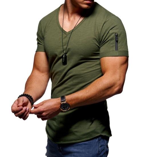 Men Solid Color Zip Pocket V Neck Short Sleeve T-shirt Fit Plus Size Tee Top
