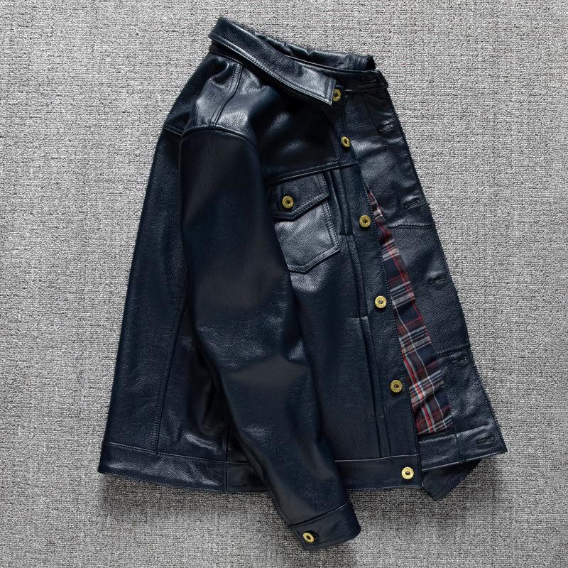 Calf Leather Head Layer Genuine Leather Lapel Short Denim Leather Jacket Men's Leather Jacket Motorcycle Large Size Jacket