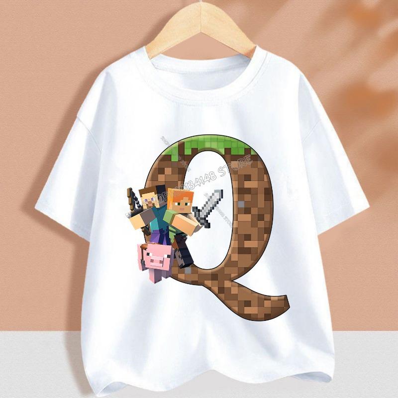 Hot Pixel Game T-shirt Children A-Z Letter White Clothes Cartoon Round Collar Clothing New Kids Short Sleeve Summer Tee Top Gift