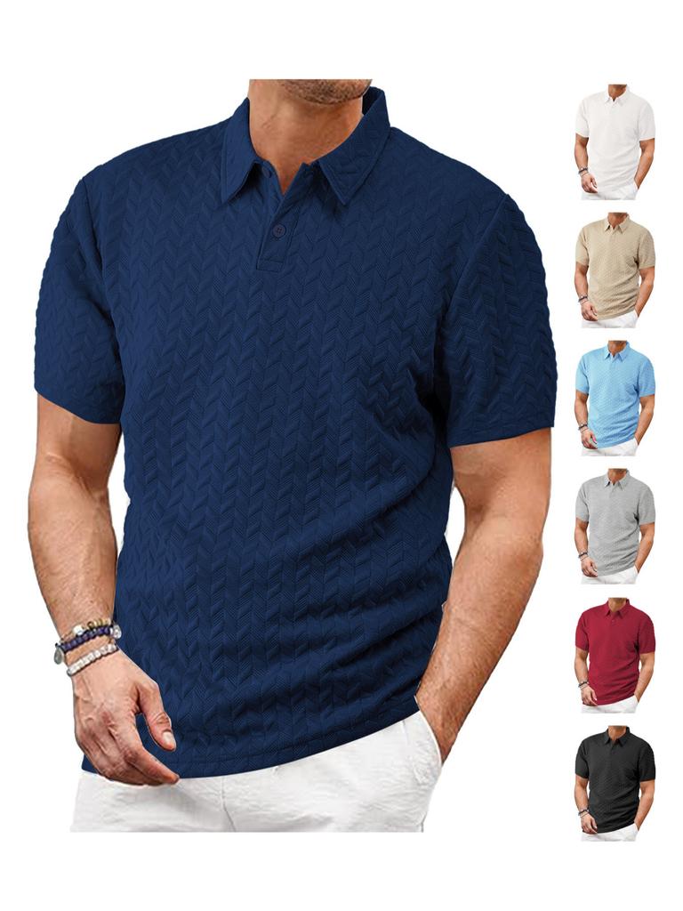 Men's Breathable Sweat Wicking Sweatshirt, Loose and Casual, Solid Color Jacquard Fabric, Men's Short Sleeved Polo Shirt