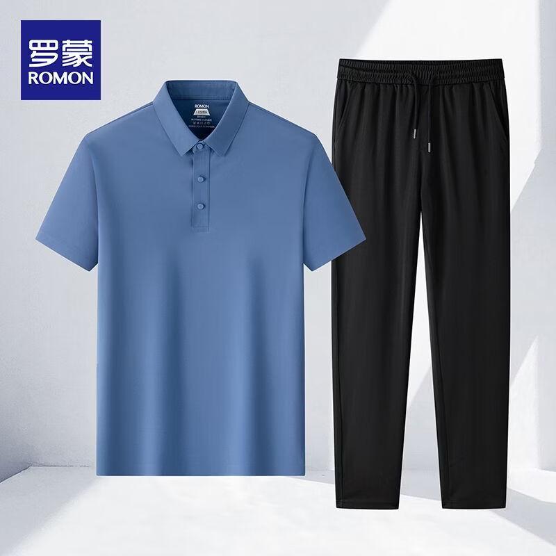 Romon Men s Ice Silk Short-Sleeved Polo & Sports Pants Set 4XL