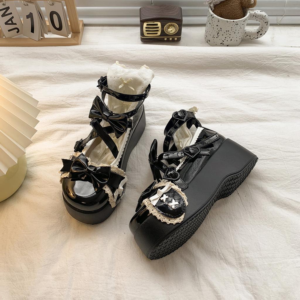 Fashion Heart Buckle Ankle Straps Women's Mary Jane Shoes Japanese Style Cute Lolita Dress Shoes Wedge Platform Bowknot Pumps Sweet Girl