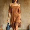 Women's Fashion Suede Off Shoulder Strap Loose Short Sleeve Dress with Fringe Hem Casual Summer Dress
