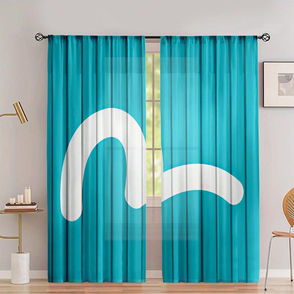 2pcs Blue Container Graffiti Pattern Semi-Sheer Curtains   Polyester Rod Pocket Curtains   Machine Washable   Fade Resistant