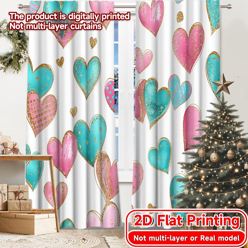 2D Flat Printing,2pcs Heart Delight Light Filtering Modern Curtains Polyester Easy Install Curtains Thermal Insulation, and Room