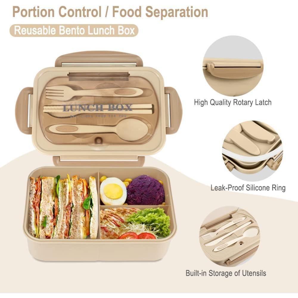 Adult Lunchbox, 1200ml Leak Proof Includes Cutlery BPA Free, Three Compartment, Microwave Safe, Unisex, Student Lunchbox, Khaki.