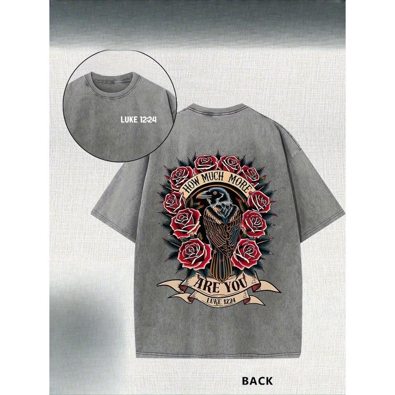 European Size Orca BrandMen's Heavy T-Shirt - Vintage Washed Beige Red Rose and Crow Pattern - Loose Street Style Concert, Festival, Daily Casual