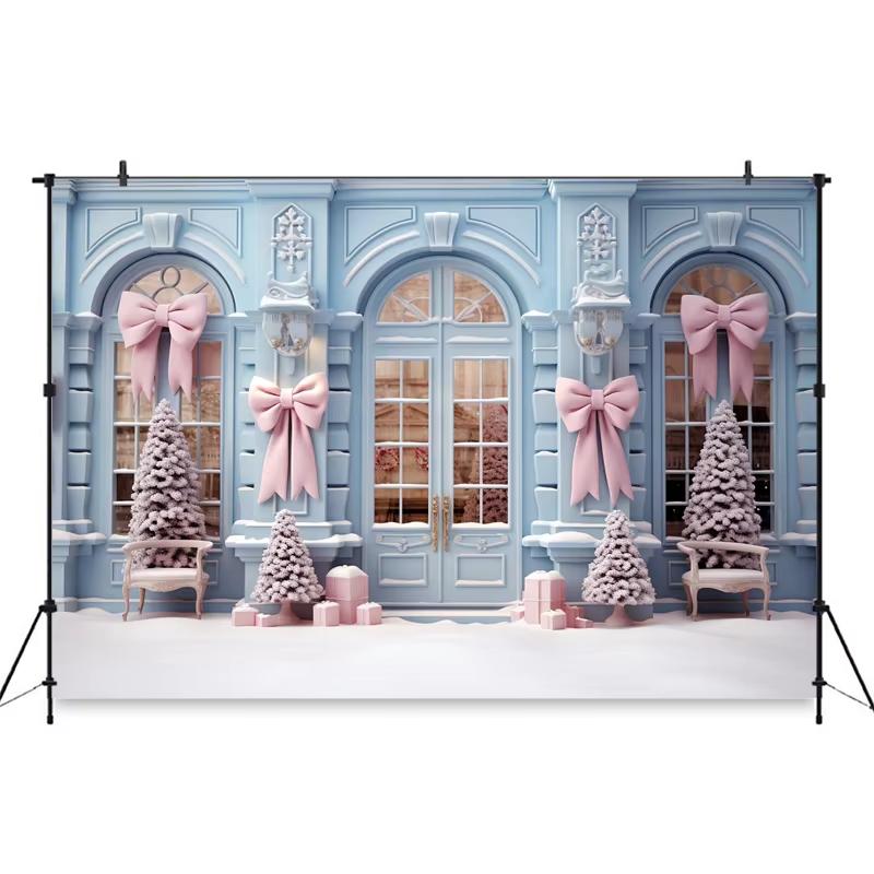 Mocsicka Christmas Backdrop Photography House Pink Bow Xmas Tree Snow Decorations Family Party Child Photo Backgrounds Wallpaper168