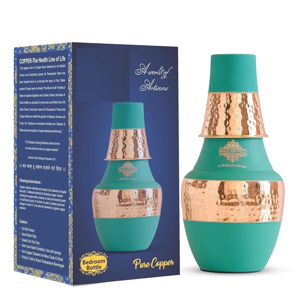 Pure Copper Printed Drinkware with Ayurvedic Health Benefits, Inbuilt Glass, Bedroom Water Bottle for Storage Purpose Set of 1