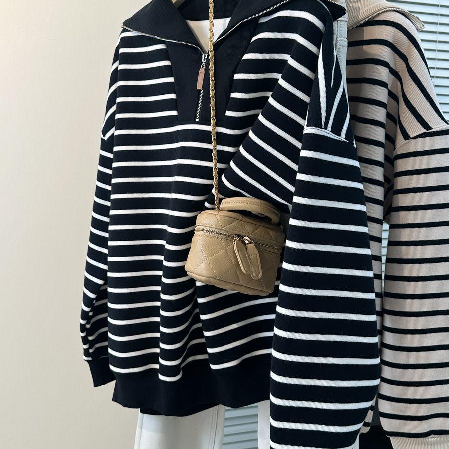 Women's Korean Striped Polo Collar Long Sleeve Sweatshirt - Autumn/Winter Casual Half Zip Top
