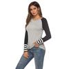 Women Contrast Color Stitching Striped Long Sleeve T-shirt Round Neck Tops
