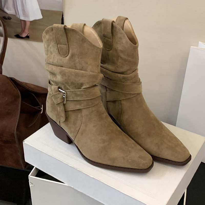 Cowhide version~ retro suede V-mouth western cowboy boots women's high-heeled pointed mid-tube boots belt buckle stacking boots