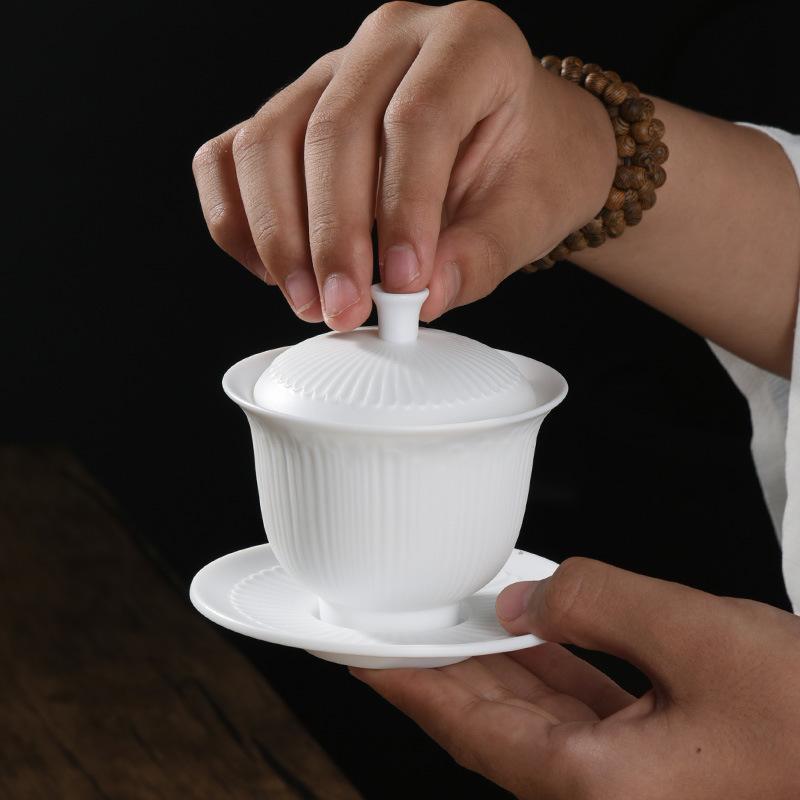 White Porcelain Kung Fu Tea Set, Household Simple Teapot, Teacup Ceramic Cover Bowl, Complete Set of High-end White Porcelain Gifts