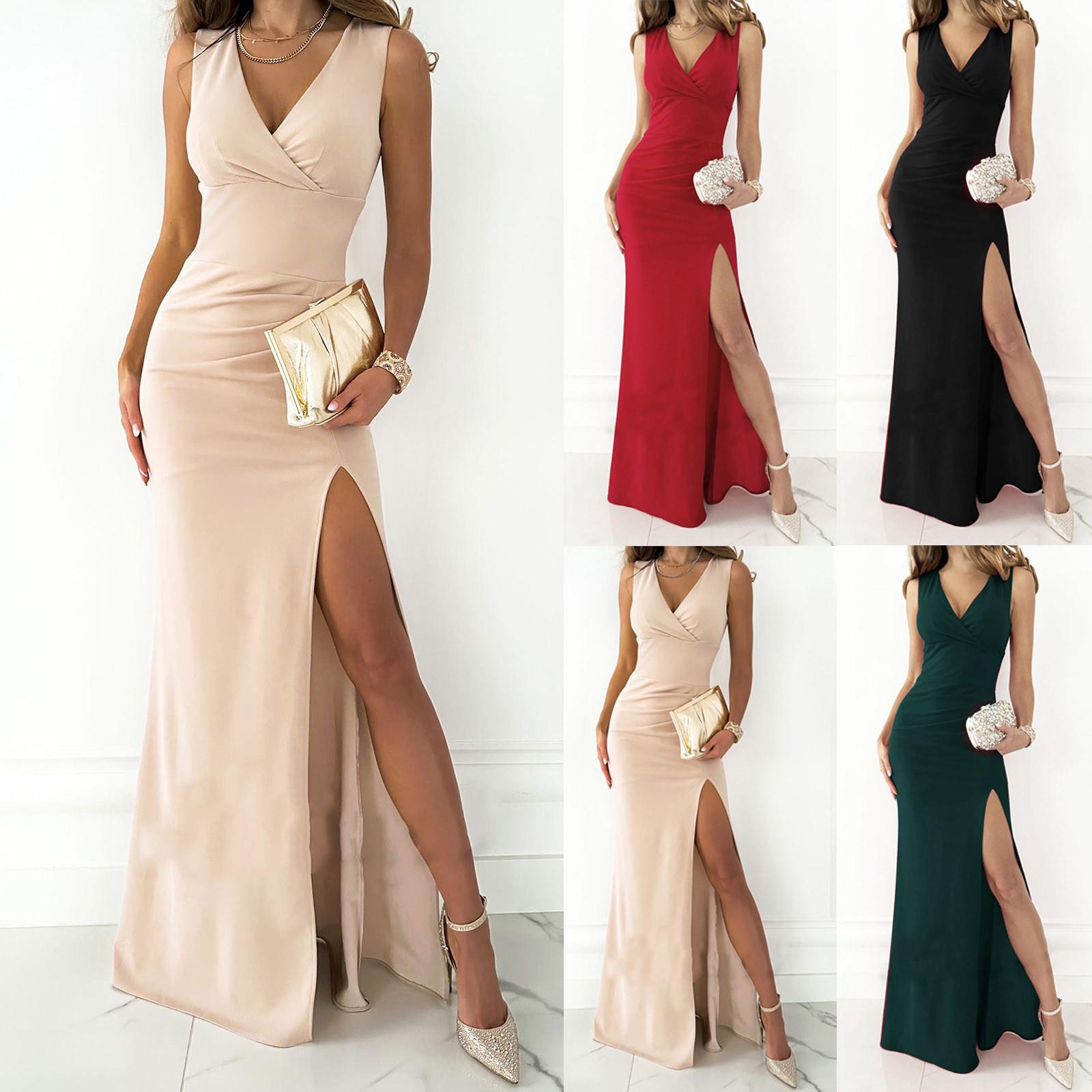 

Женские летние без рукавов с высокой талией, однотонные, с v-образным вырезом и рюшами, сексуальные платья с высоким разрезом для похудения