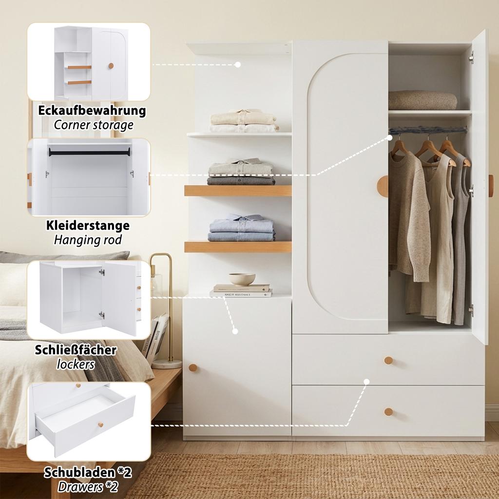Wardrobe, Multipurpose Cabinet in White/Natural, with Drawers, Clothes Rail and Open Shelf Compartments for Bedroom, Teen Room and Hallway