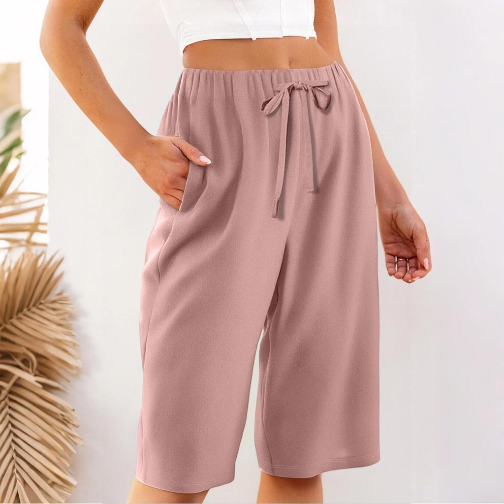 Women's Summer Elasticated Tie Waist Solid Colour Cotton & Linen Loose Shorts
