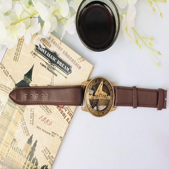 Brass Marine Sundial Leather Strap Stamped Wrist Compass for Navigation Wristwatch