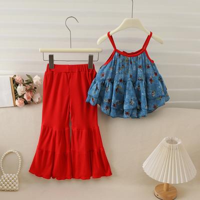 Mädchen Sommerurlaub Stil Neues Kinder Chiffon Rüschen Oberteil + Schlaghosen Set