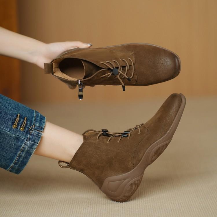Retro Leather Square Head Inner Height Increase Martin Boots Women's 2025 Autumn and Winter New Fashion Color Polishing Comfortable Ankle Short Boots
