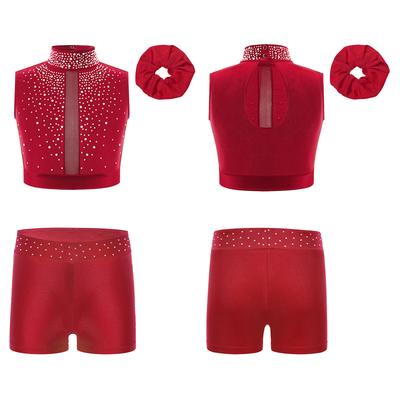 Girls Gymnastics Crop Top Set Sleeveless Mock Neck Keyhole Back Shiny Shorts Headwear Included