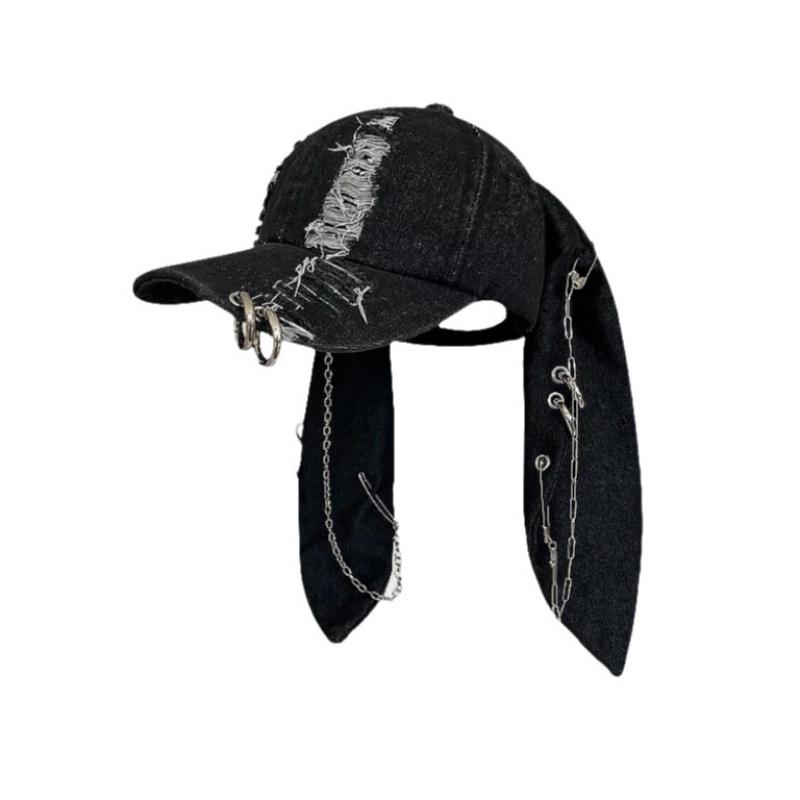 2026 New Y2k Rabbit Ears Denim Ripped Baseball Cap Men and Women Dark Personality Metal Ring Street Trend Adjustable Cosplay Hat