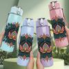 1PC Bohemian Lotus Mandala Pattern 750ml Color Plastic Sports Water Bottle Leakproof Flip Straw Lid Suitable for Sports Office Home Use