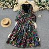 French Light and Mature Style Printing Hollow Dress Women's Spring and Summer V-neck Lantern Sleeves Waist and Thin Temperament Long Dress