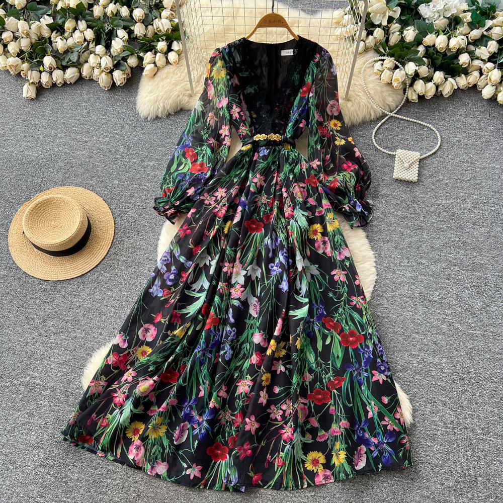 French light and mature style printing hollow dress women's spring and summer V-neck lantern sleeves waist and thin temperament long dress