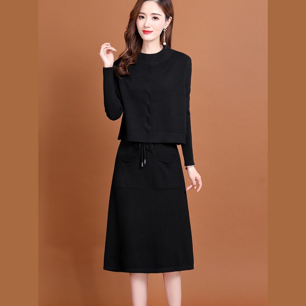 

Knitted Dress for Women s Autumn and Winter Korean Style Waist-cinching Two-piece Set Sweater Solid Color Long-sleeved Casual Sweater Dress S