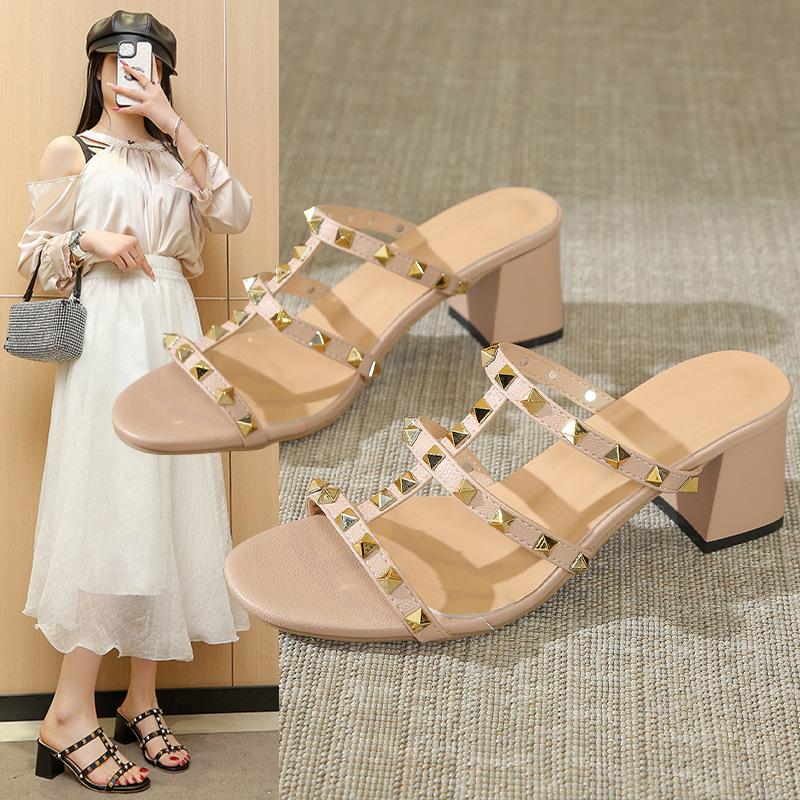 

High-heeled slippers thick-heeled French retro half slippers 2025 new summer lazy one-pedal cool slippers women s shoes 41 тілесний