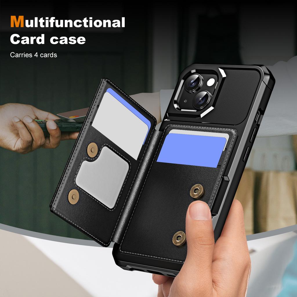 For iPhone 15 Plus Case Card Slot Kickstand Leather+TPU Reinforced Corner Phone Cover