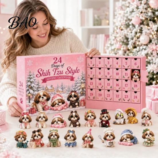 Plastic Christmas Ornament Shih Tzu Advent Calendar, 24-Day Countdown Toy Set with Mini Dog Children Box Figures, Tree Hanging Decor, Gift for Lovers