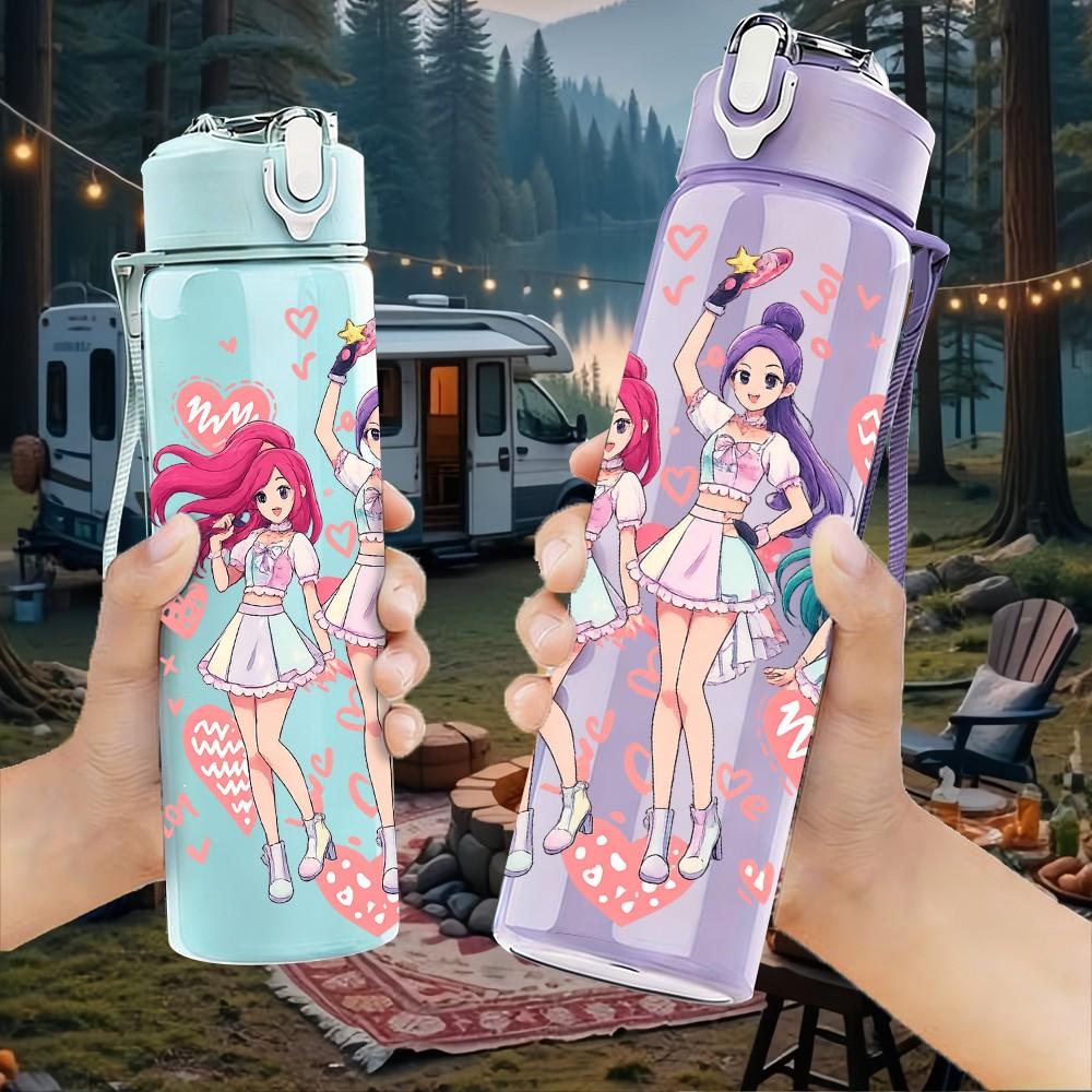 1PC Anime Girl Group Colorful Cartoon Art 750ml Color Plastic Sports Water Bottle Leakproof Flip Straw Lid Suitable for Sports Office Home Use