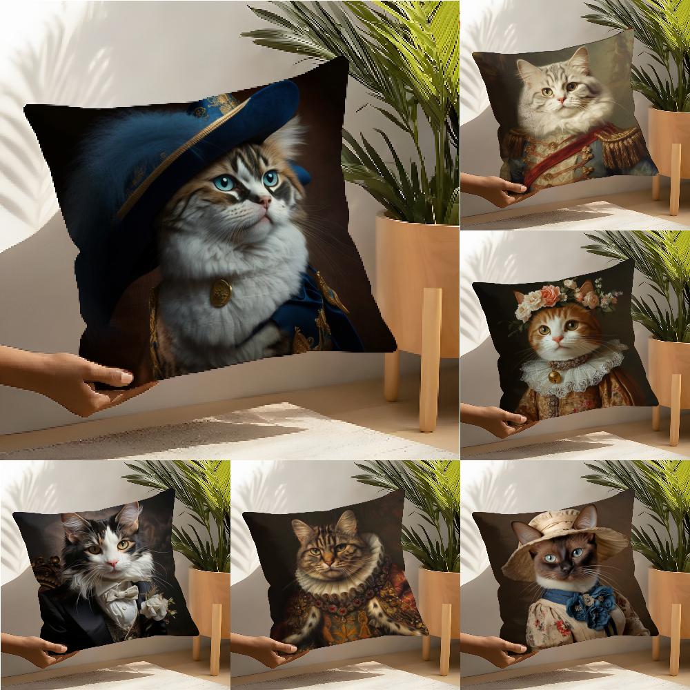 Renaissance Royal Cat Funny Pillow Case Cotton Linen Fabric Square Zipper Pillowcase Home Decorative Living Room