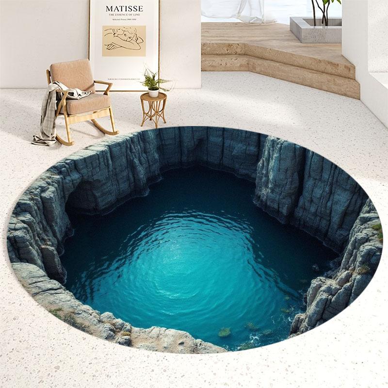 Flannel Printed Round Rug With Blue Water Pool Design For Home Decor Soft Floor Mat Nature Art Theme Modern Interior