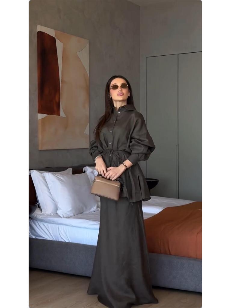 Women's Spring/Summer 2025 Fashion: Turn-Down Collar Loose Shirt & High Waist Midi Skirt Set