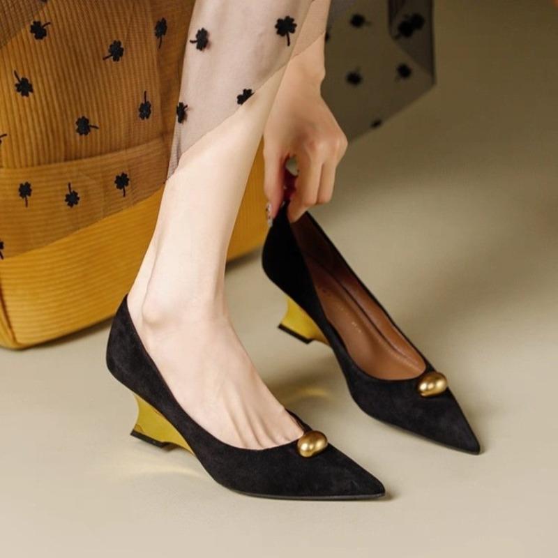 Fashion Pointed Toe Wedge Heel High Heels Women's 2025 New Temperament Shallow Mouth Fashion Single Shoes