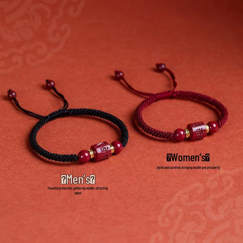 Genuine Cinnabar & Raw Stone Beaded Bracelet - Six-Syllable Mantra for Men's & Women's Benming Year, Handmade Woven Red String for Couples