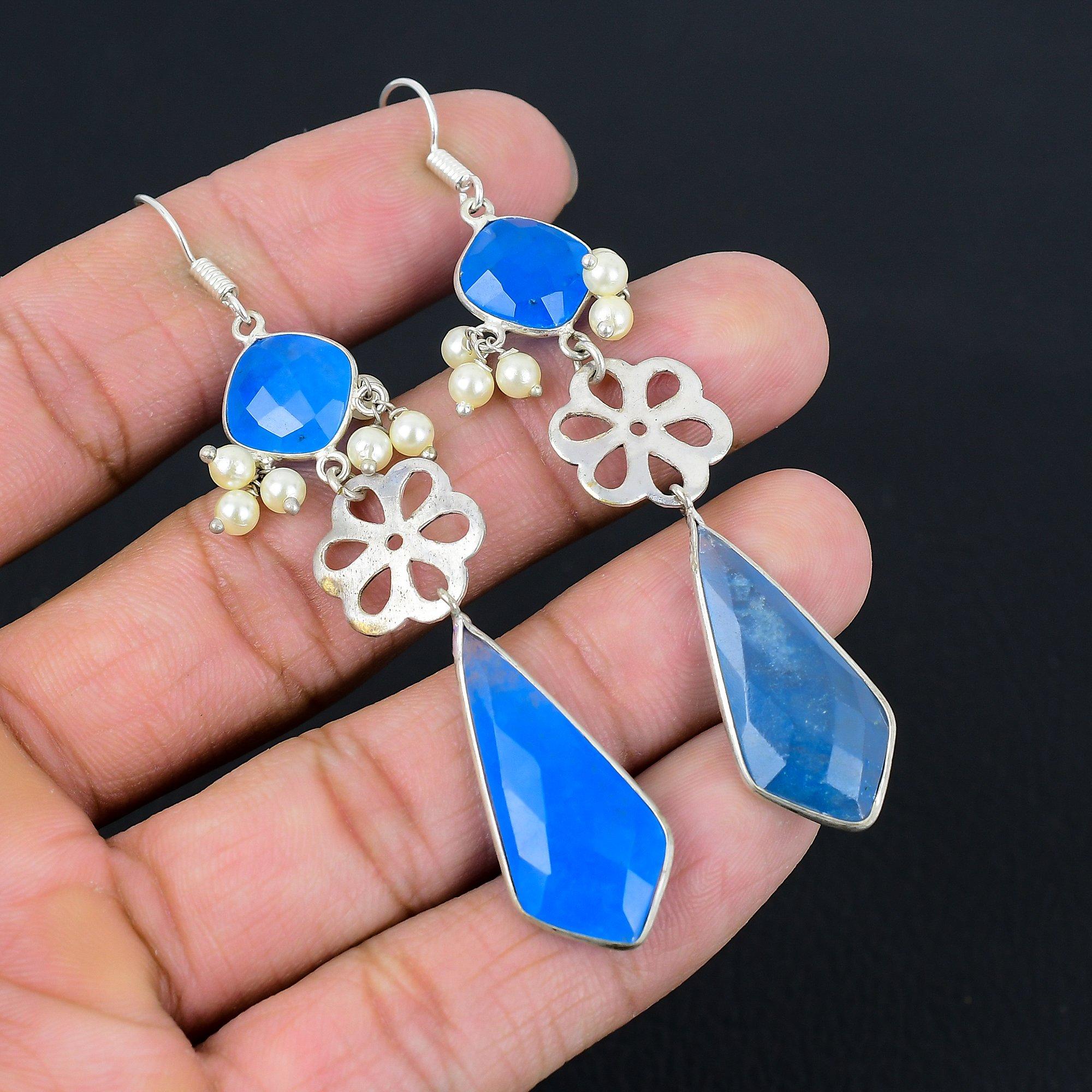 

Blue Chalcedony Stone Sterling Silver Birthday Drop Dangle Anniversary Earrings