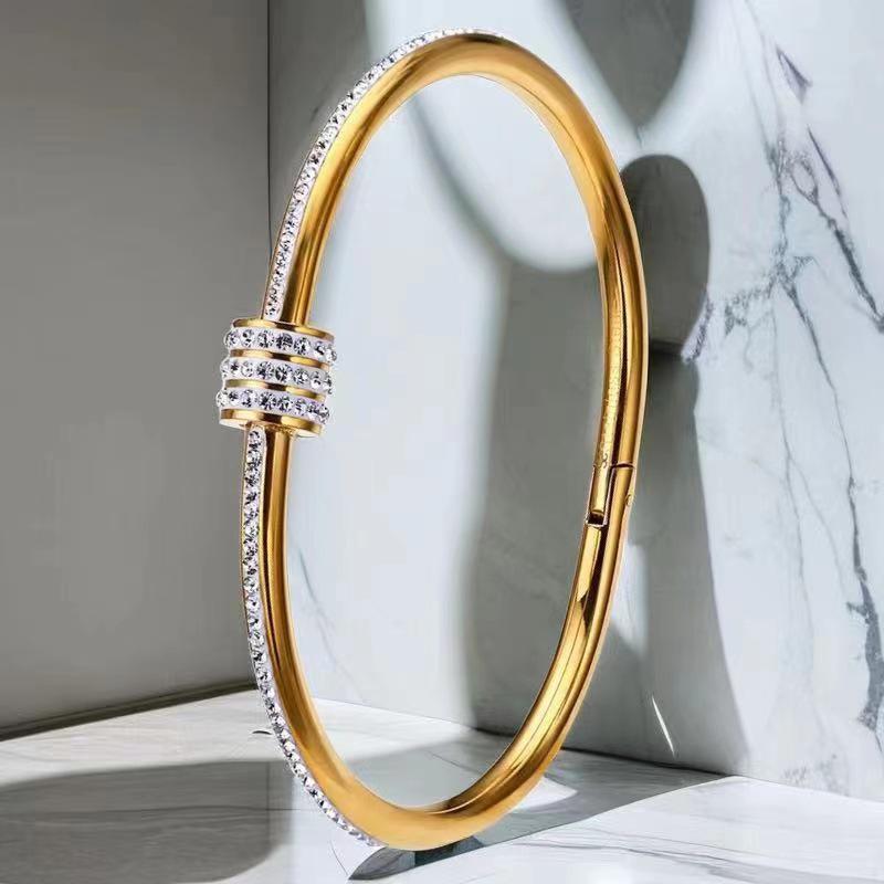 European & American Titanium Steel Hollow Electroplated Bangle with Diamonds - Versatile Stainless Steel Women's Fashion Jewelry