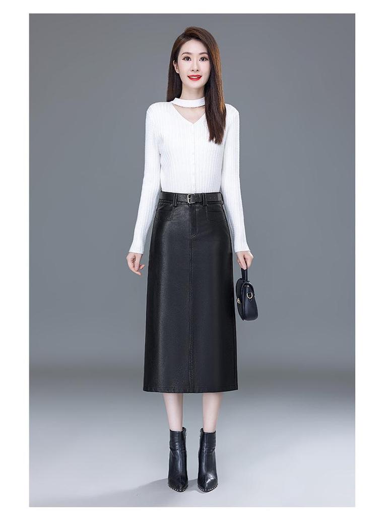 2025 Autumn/Winter Women's High-Waist A-Line Leather Skirt - Genuine Sheepskin Bodycon